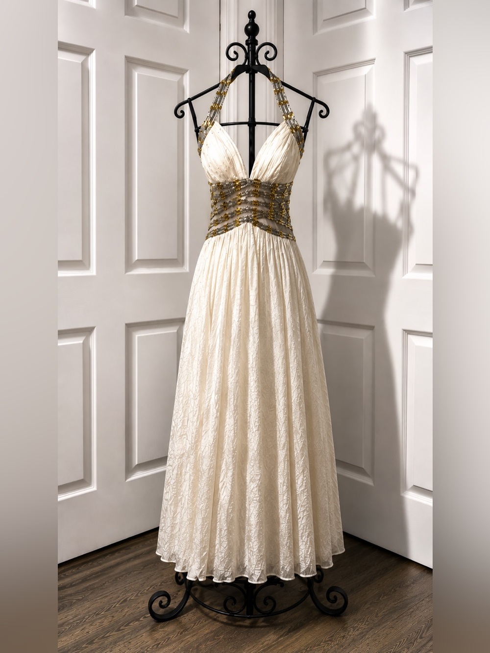 Adrianna Papell Silk Sequin Beaded Halter Party Cocktail Dress